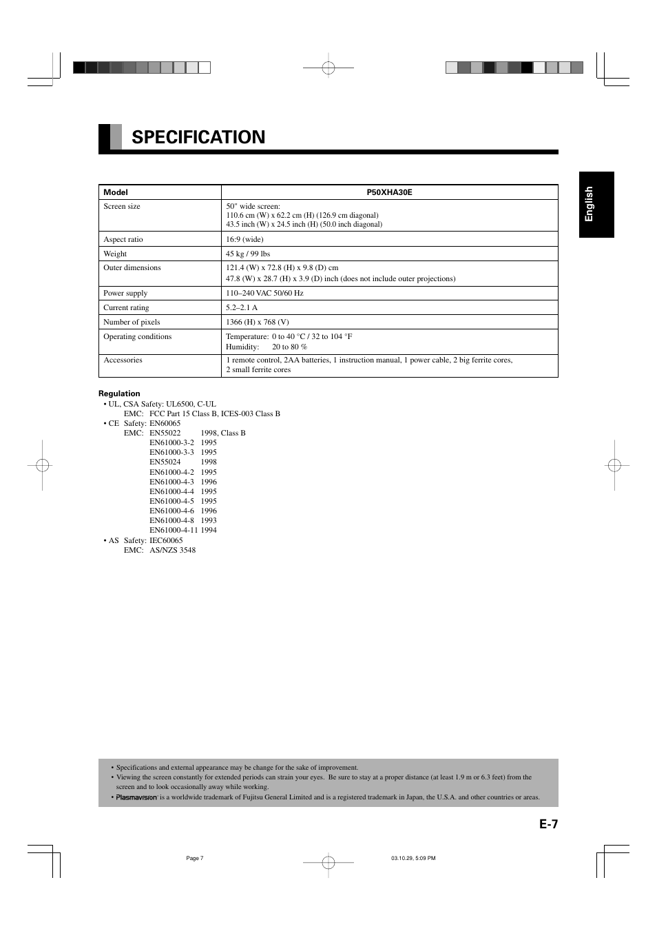 Specification | FUJITSU P50XHA30E User Manual | Page 7 / 7
