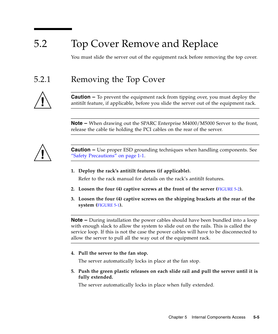 2 top cover remove and replace, 1 removing the top cover, Top cover remove and replace | Removing the top cover | FUJITSU SPARC ENTERPRISE M5000 User Manual | Page 101 / 308
