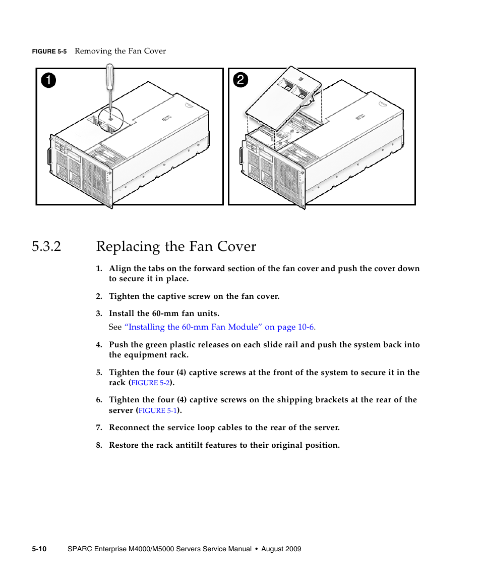 2 replacing the fan cover, Replacing the fan cover | FUJITSU SPARC ENTERPRISE M5000 User Manual | Page 106 / 308