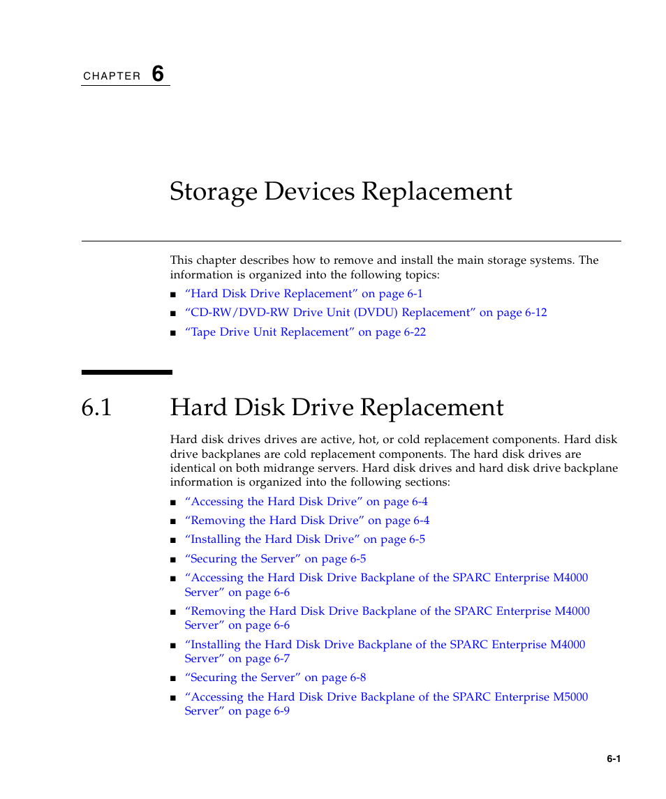 Storage devices replacement, 1 hard disk drive replacement, Hard disk drive replacement | FUJITSU SPARC ENTERPRISE M5000 User Manual | Page 107 / 308