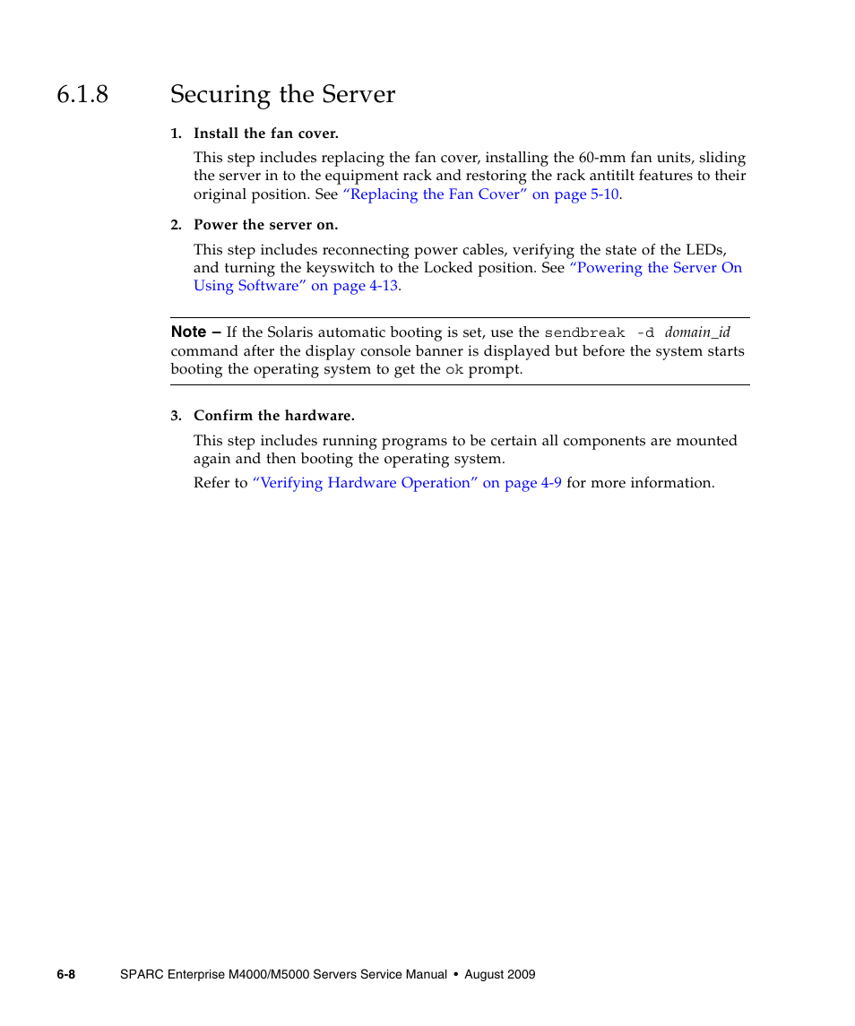 8 securing the server, Securing the server | FUJITSU SPARC ENTERPRISE M5000 User Manual | Page 114 / 308