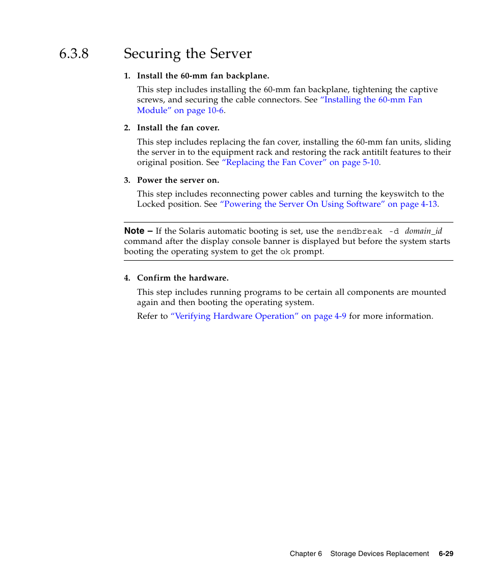 8 securing the server, Securing the server | FUJITSU SPARC ENTERPRISE M5000 User Manual | Page 135 / 308