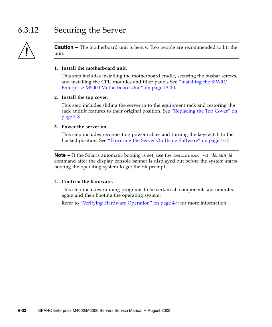 12 securing the server, Securing the server | FUJITSU SPARC ENTERPRISE M5000 User Manual | Page 138 / 308