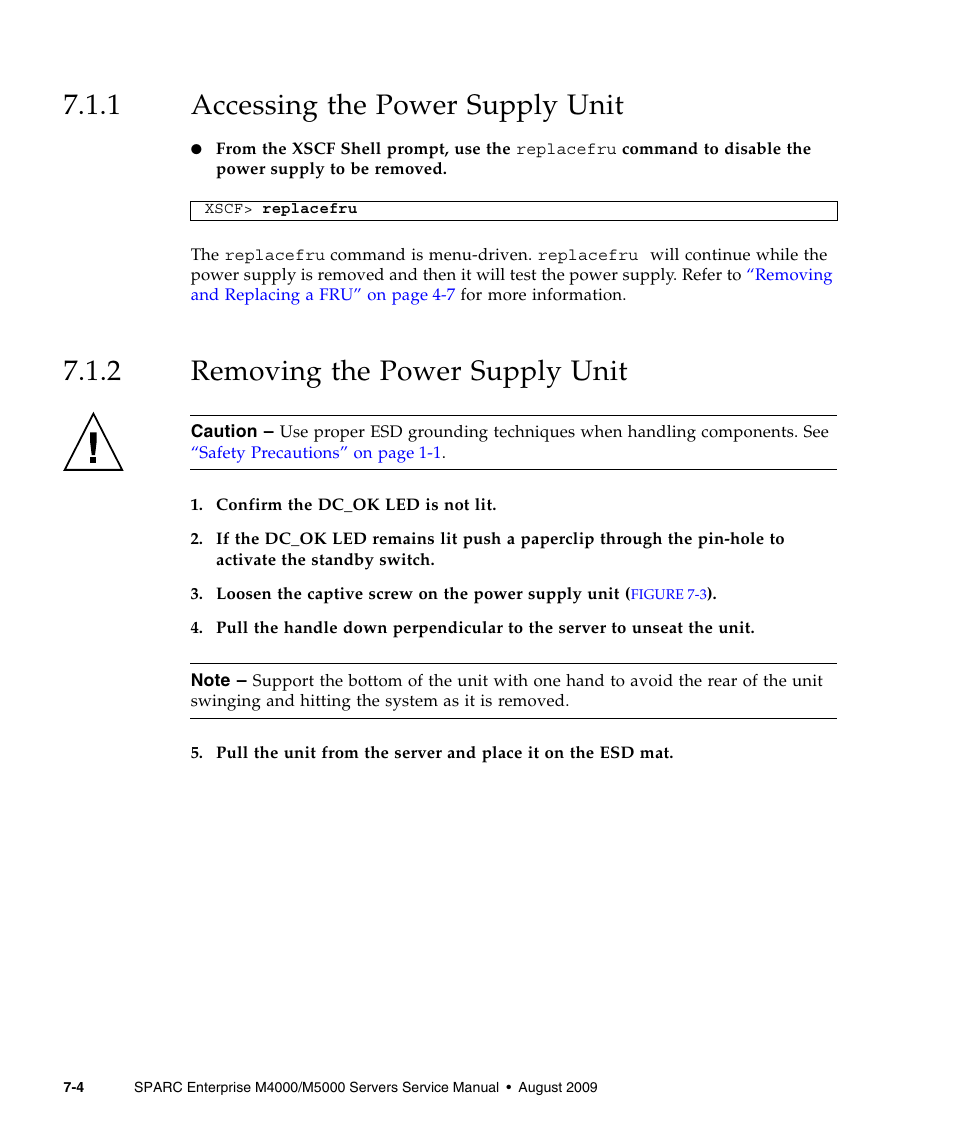 1 accessing the power supply unit, 2 removing the power supply unit, Accessing the power supply unit | Removing the power supply unit | FUJITSU SPARC ENTERPRISE M5000 User Manual | Page 142 / 308