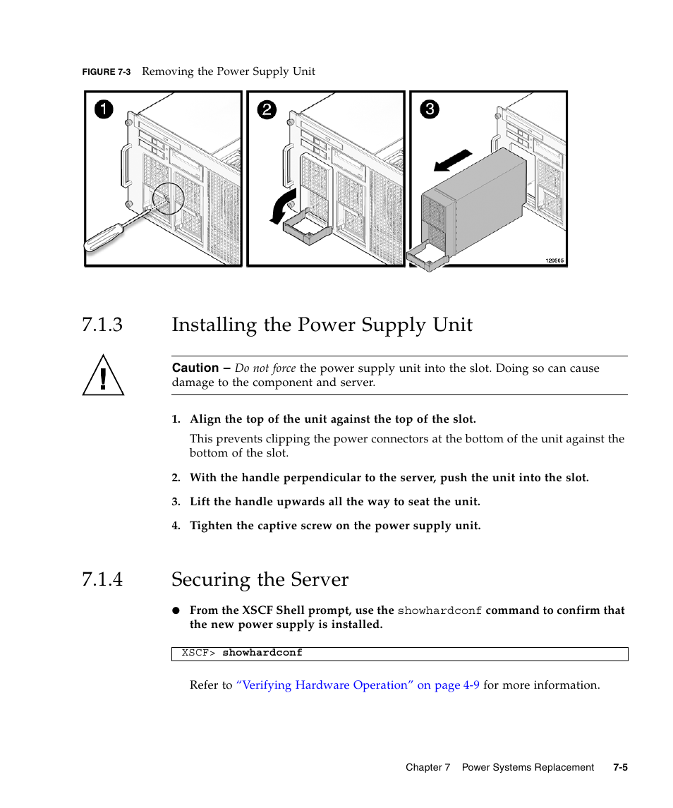 3 installing the power supply unit, 4 securing the server, Installing the power supply unit | Securing the server, Figure 7-3 | FUJITSU SPARC ENTERPRISE M5000 User Manual | Page 143 / 308