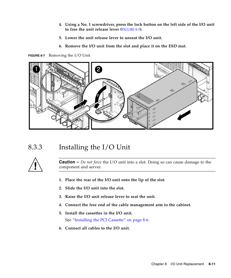 3 installing the i/o unit, Installing the i/o unit | FUJITSU SPARC ENTERPRISE M5000 User Manual | Page 155 / 308