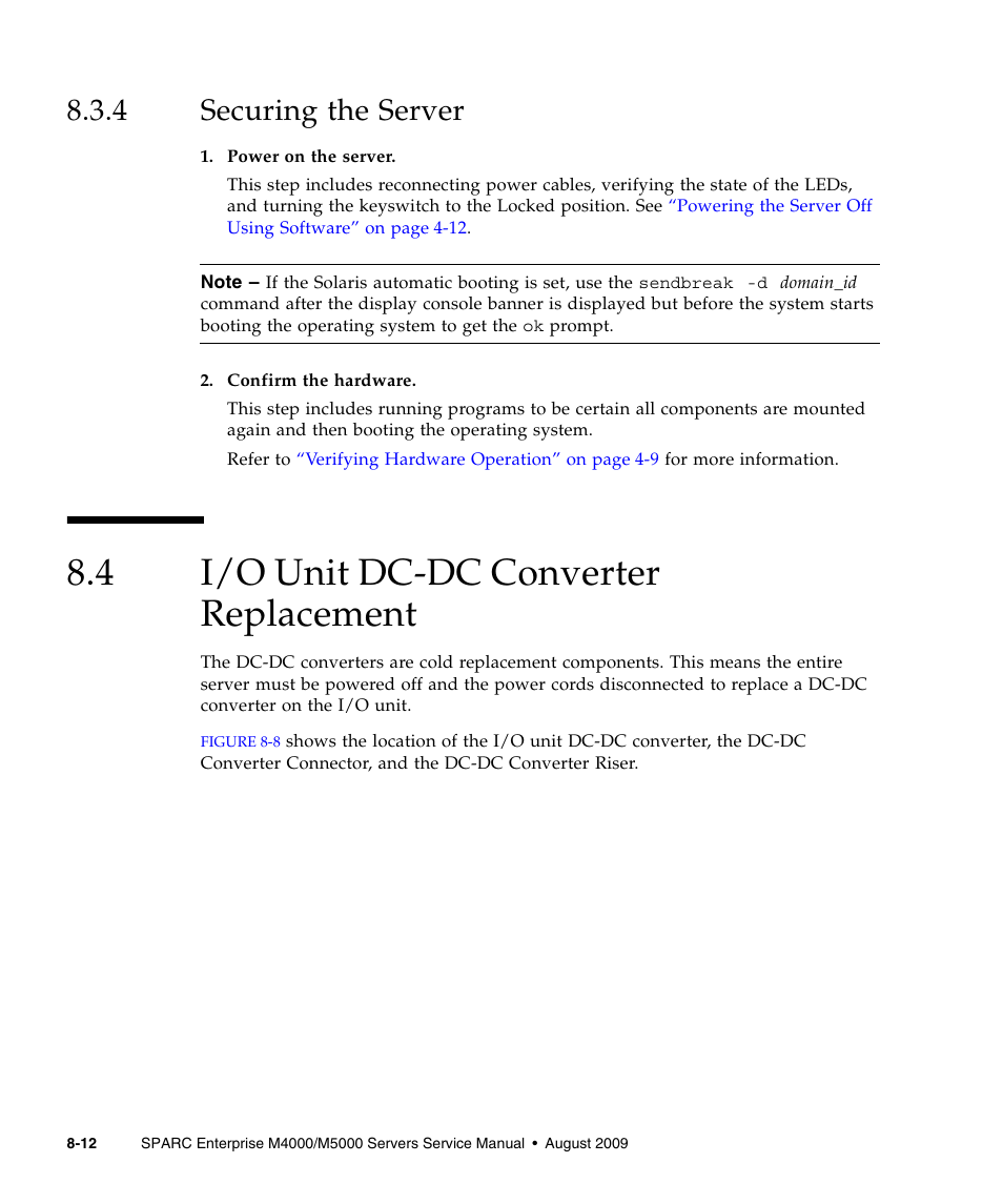 4 securing the server, 4 i/o unit dc-dc converter replacement, Securing the server | I/o unit dc-dc converter replacement | FUJITSU SPARC ENTERPRISE M5000 User Manual | Page 156 / 308