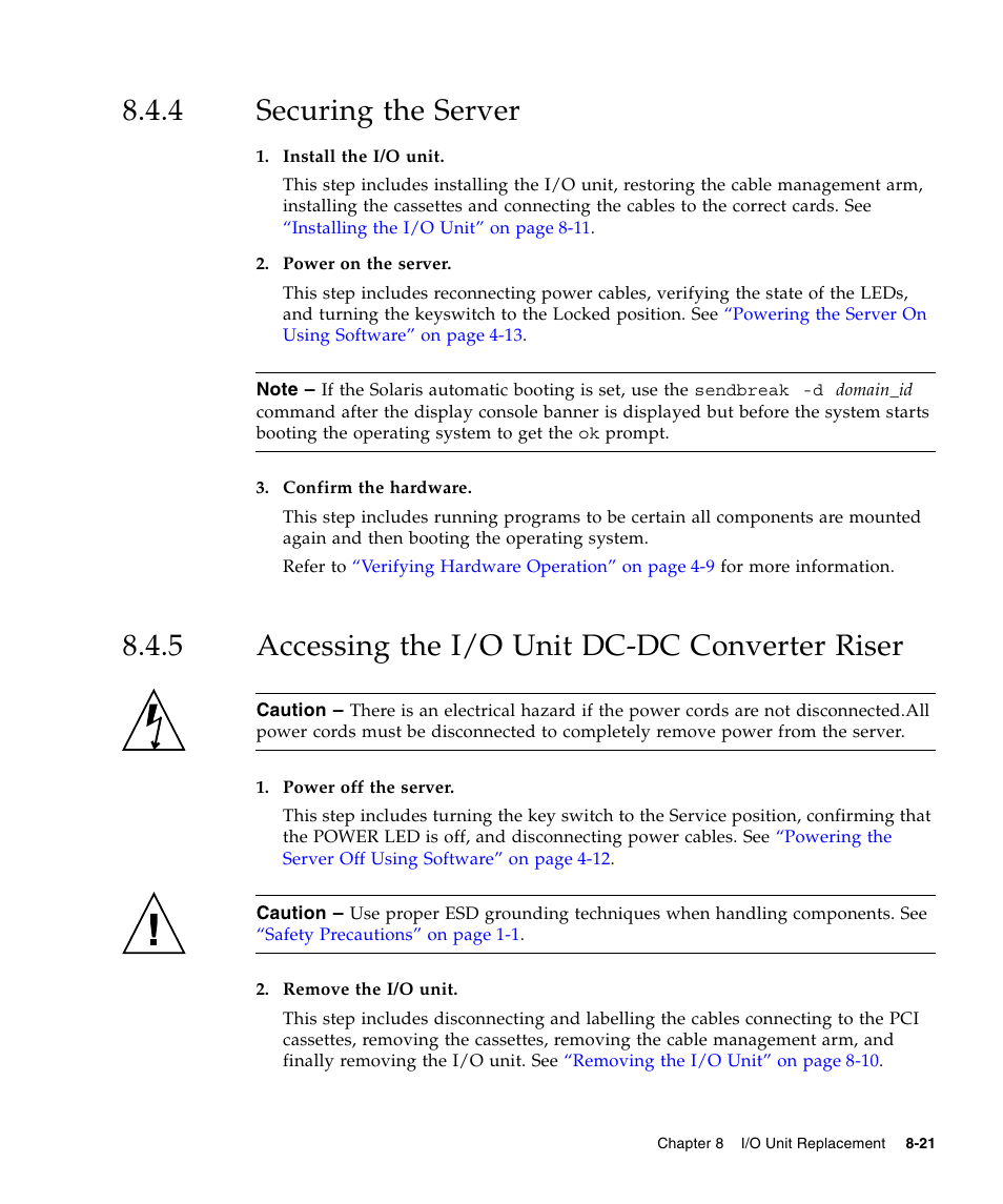 4 securing the server, 5 accessing the i/o unit dc-dc converter riser, Securing the server | Accessing the i/o unit dc-dc converter riser | FUJITSU SPARC ENTERPRISE M5000 User Manual | Page 165 / 308