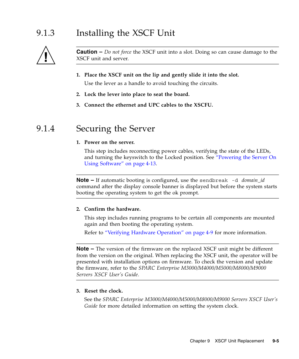 3 installing the xscf unit, 4 securing the server, Installing the xscf unit | Securing the server | FUJITSU SPARC ENTERPRISE M5000 User Manual | Page 175 / 308