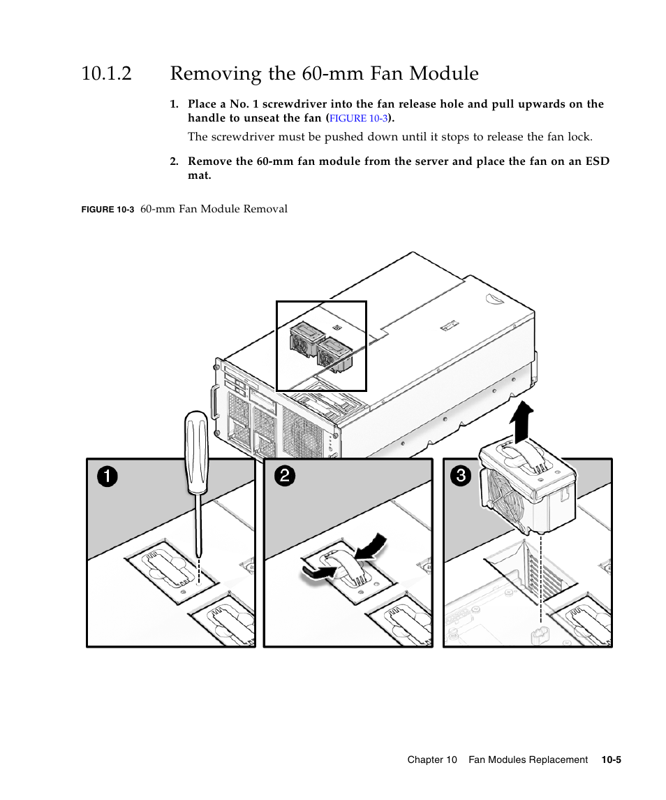 2 removing the 60-mm fan module, Removing the 60-mm fan module | FUJITSU SPARC ENTERPRISE M5000 User Manual | Page 181 / 308