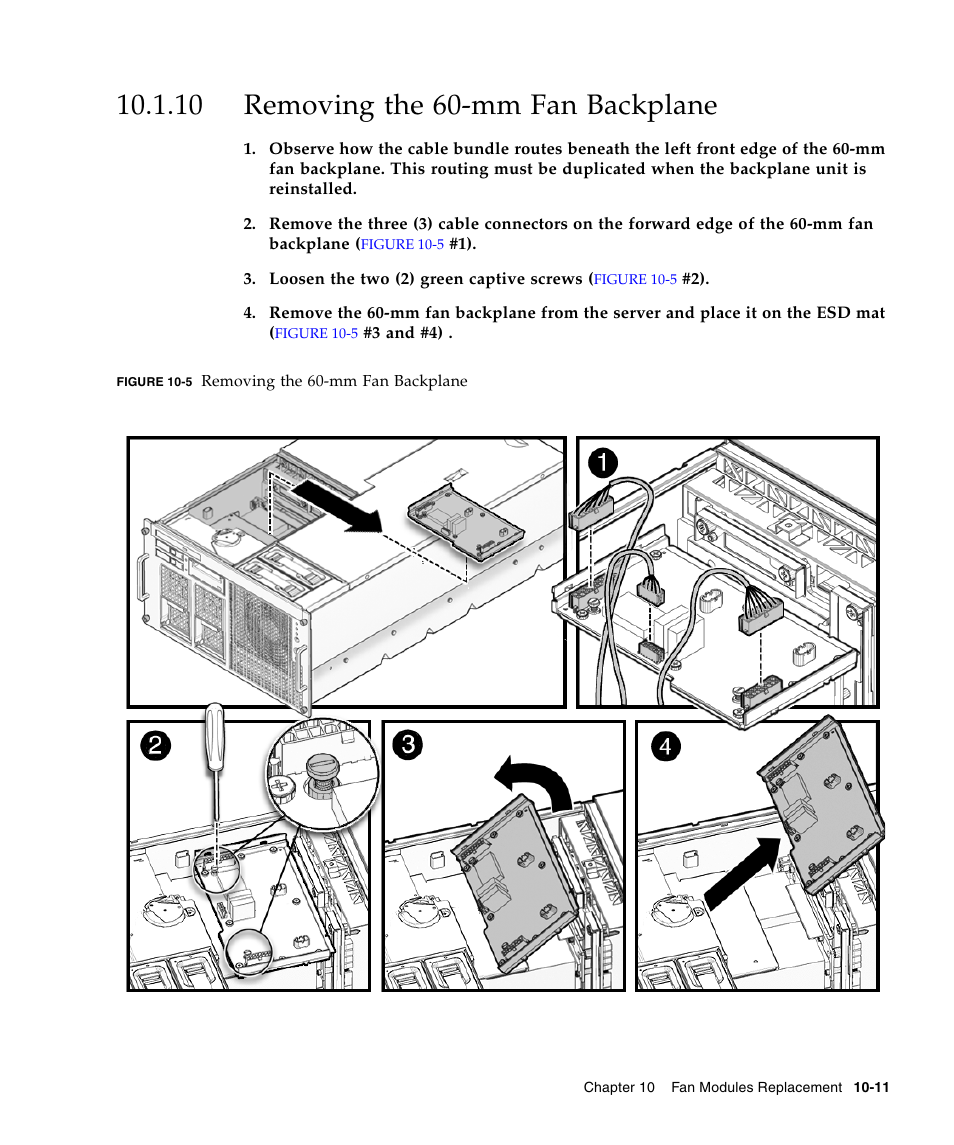 10 removing the 60-mm fan backplane, Removing the 60-mm fan | FUJITSU SPARC ENTERPRISE M5000 User Manual | Page 187 / 308