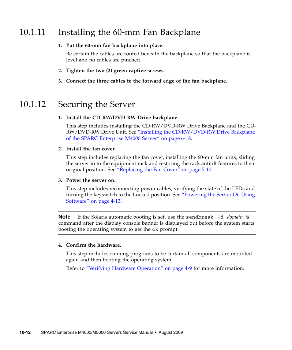 11 installing the 60-mm fan backplane, 12 securing the server | FUJITSU SPARC ENTERPRISE M5000 User Manual | Page 188 / 308