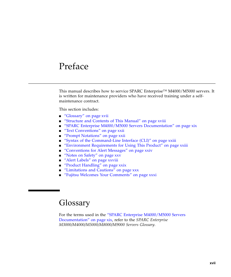 Preface, Xvii, Glossary | FUJITSU SPARC ENTERPRISE M5000 User Manual | Page 19 / 308