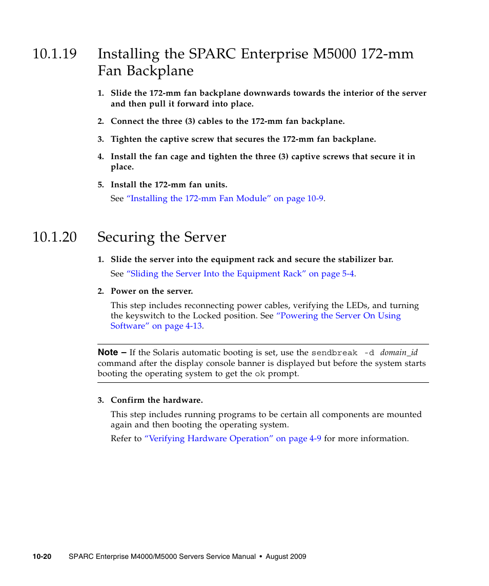 20 securing the server | FUJITSU SPARC ENTERPRISE M5000 User Manual | Page 196 / 308