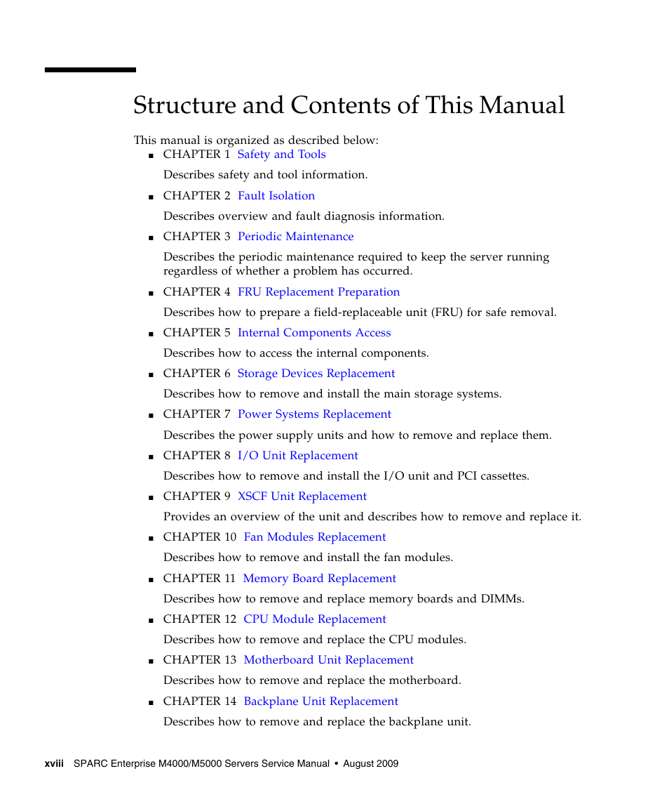 Structure and contents of this manual | FUJITSU SPARC ENTERPRISE M5000 User Manual | Page 20 / 308