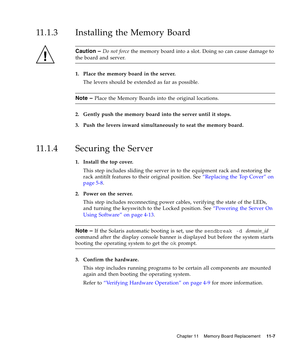 3 installing the memory board, 4 securing the server, Installing the memory board | Securing the server | FUJITSU SPARC ENTERPRISE M5000 User Manual | Page 203 / 308