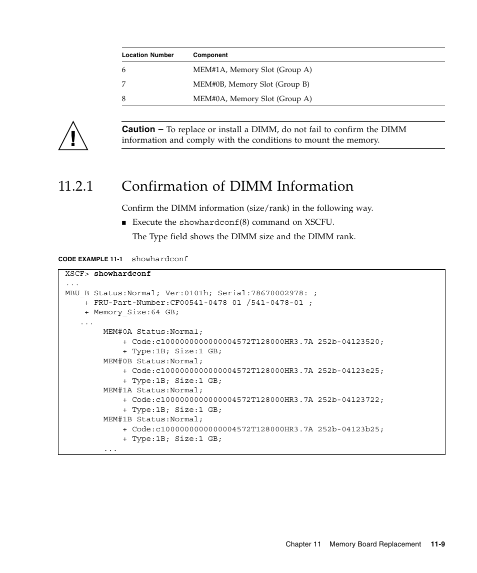 1 confirmation of dimm information, Confirmation of dimm information | FUJITSU SPARC ENTERPRISE M5000 User Manual | Page 205 / 308