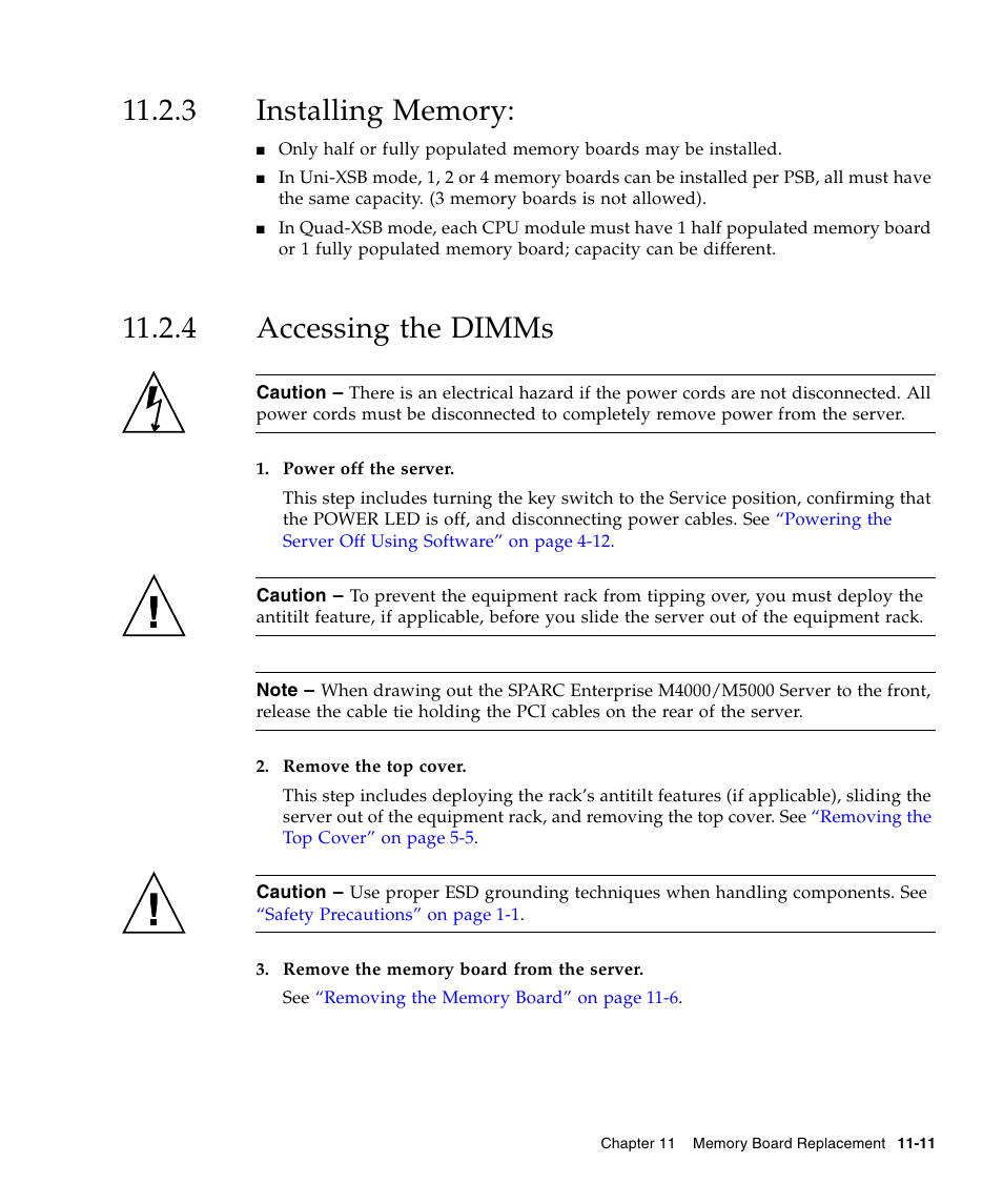 3 installing memory, 4 accessing the dimms, Installing memory | Accessing the dimms | FUJITSU SPARC ENTERPRISE M5000 User Manual | Page 207 / 308