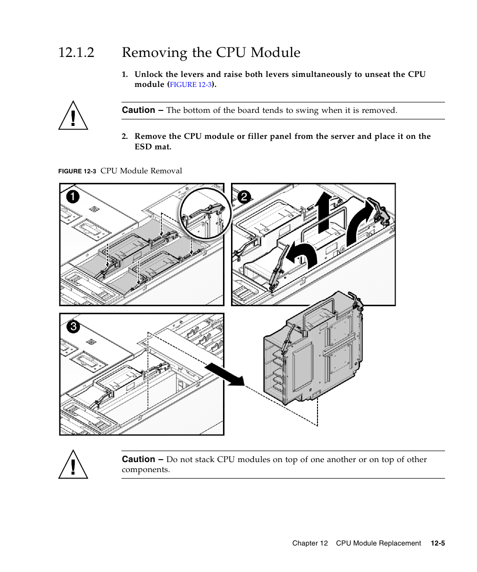 2 removing the cpu module, Removing the cpu module | FUJITSU SPARC ENTERPRISE M5000 User Manual | Page 215 / 308