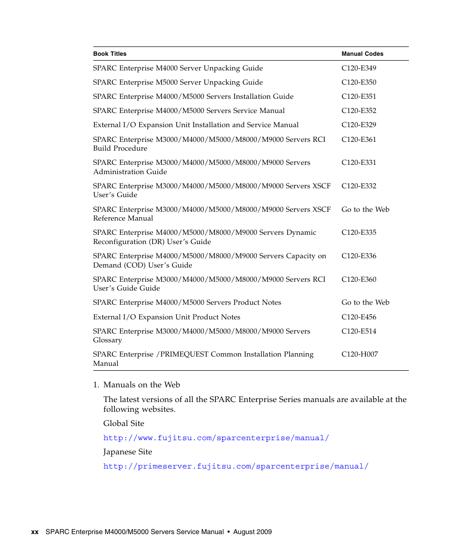 FUJITSU SPARC ENTERPRISE M5000 User Manual | Page 22 / 308