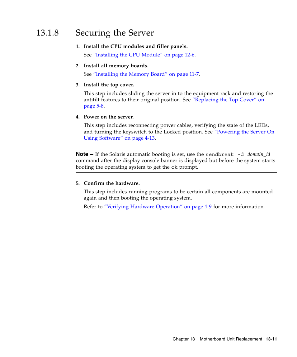 8 securing the server, Securing the server | FUJITSU SPARC ENTERPRISE M5000 User Manual | Page 237 / 308