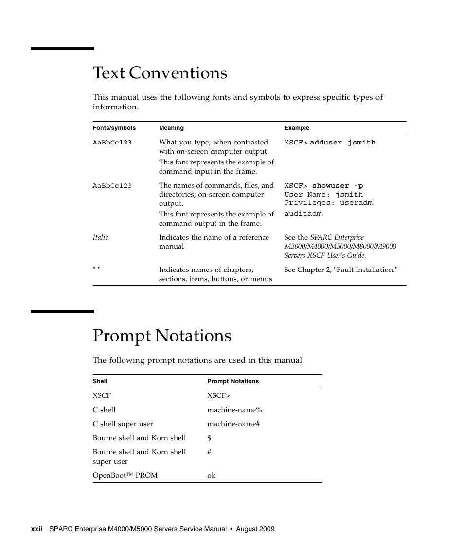 Text conventions, Prompt notations | FUJITSU SPARC ENTERPRISE M5000 User Manual | Page 24 / 308