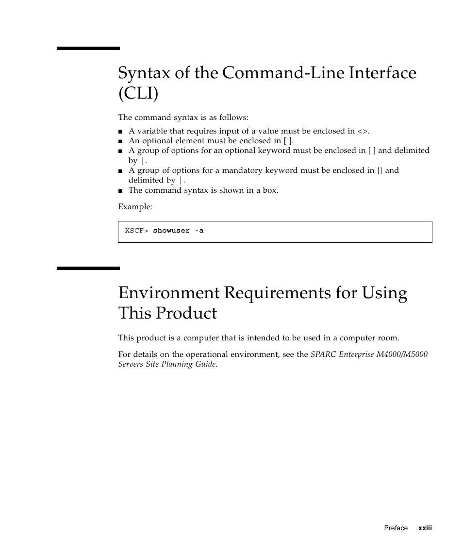 Syntax of the command-line interface (cli), Environment requirements for using this product | FUJITSU SPARC ENTERPRISE M5000 User Manual | Page 25 / 308