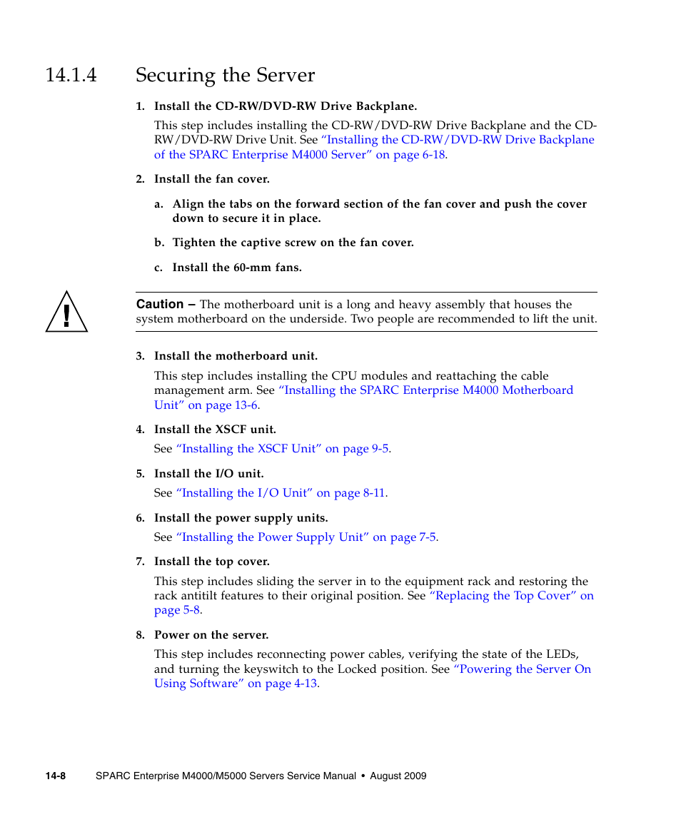 4 securing the server, Securing the server | FUJITSU SPARC ENTERPRISE M5000 User Manual | Page 254 / 308