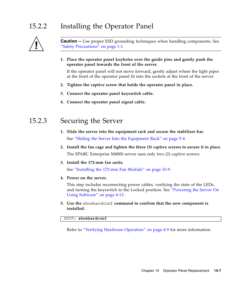 2 installing the operator panel, 3 securing the server, Installing the operator panel | Securing the server | FUJITSU SPARC ENTERPRISE M5000 User Manual | Page 267 / 308