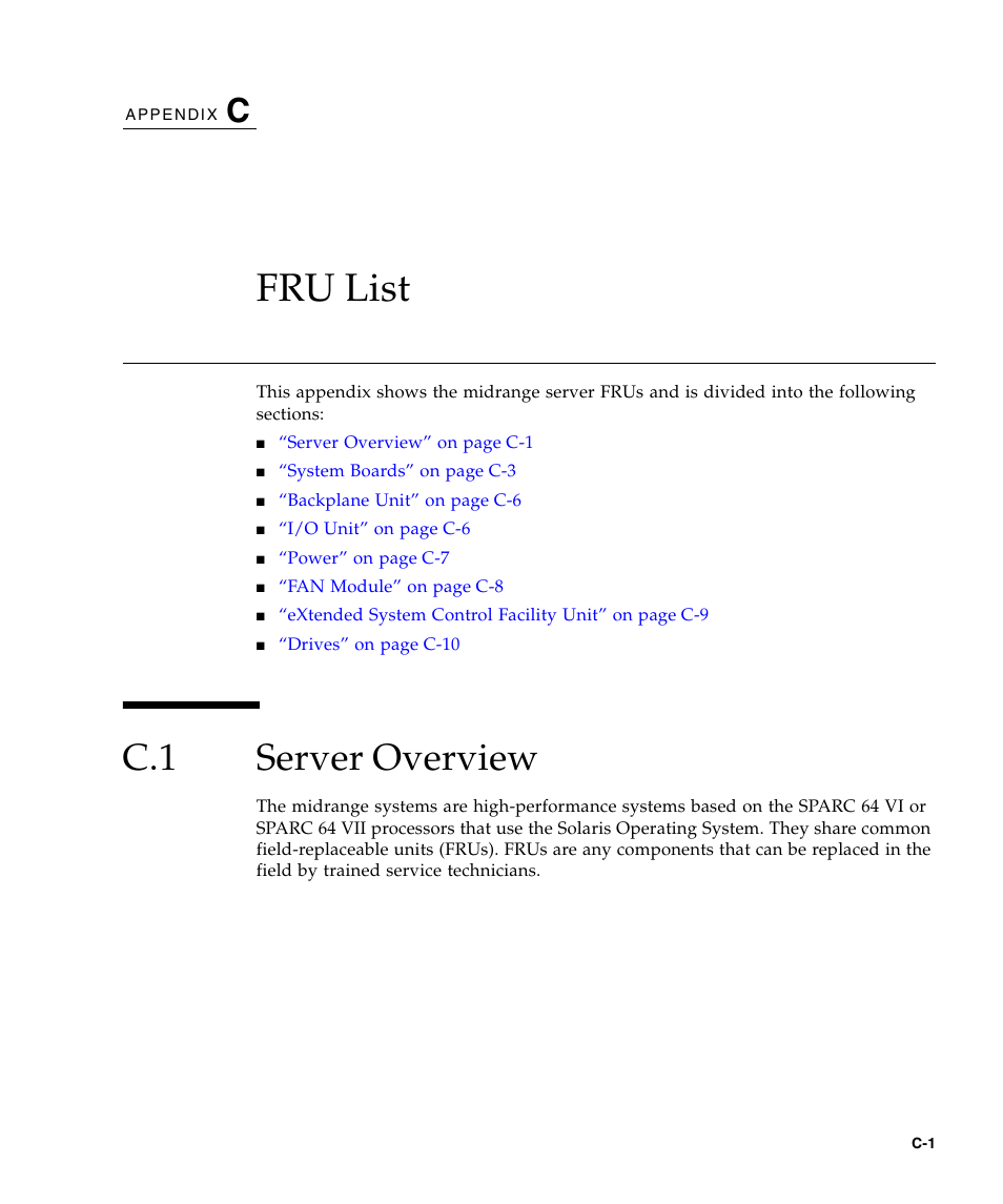 Fru list, C.1 server overview, C. fru list | Server overview | FUJITSU SPARC ENTERPRISE M5000 User Manual | Page 279 / 308