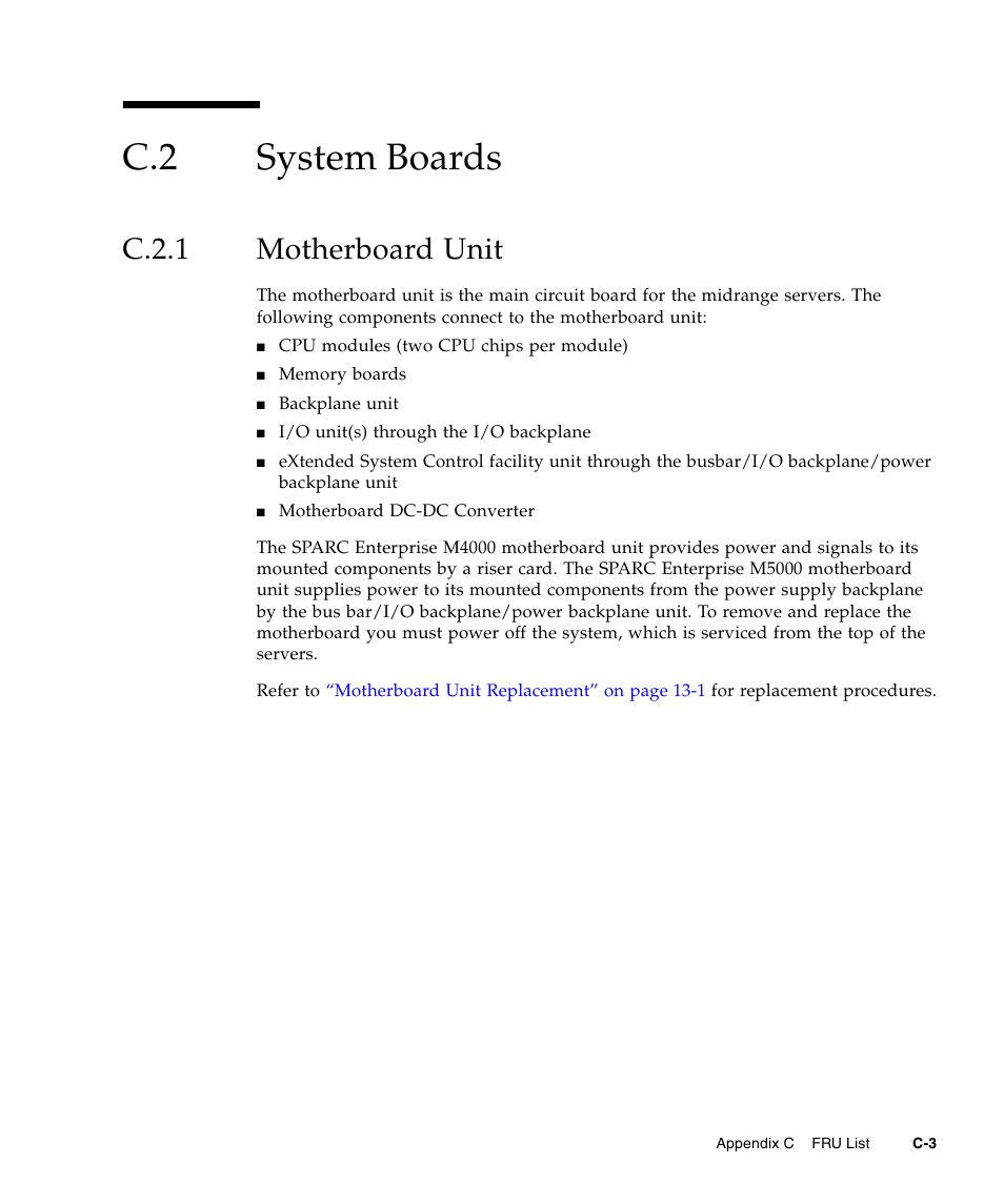 C.2 system boards, C.2.1 motherboard unit, System boards | C.2.1, Motherboard unit | FUJITSU SPARC ENTERPRISE M5000 User Manual | Page 281 / 308