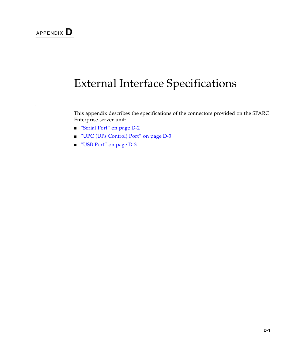 External interface specifications, D. external interface specifications, Ndix d | FUJITSU SPARC ENTERPRISE M5000 User Manual | Page 291 / 308