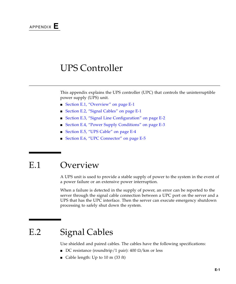 Ups controller, E.1 overview, E.2 signal cables | E. ups controller, Overview, Signal cables, Ndix e | FUJITSU SPARC ENTERPRISE M5000 User Manual | Page 295 / 308