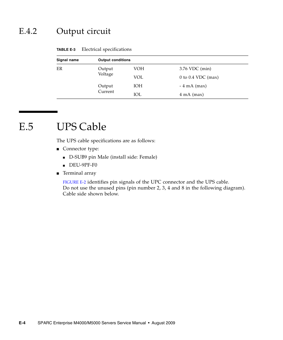 E.4.2 output circuit, E.5 ups cable, E.4.2 | Output circuit, Ups cable | FUJITSU SPARC ENTERPRISE M5000 User Manual | Page 298 / 308