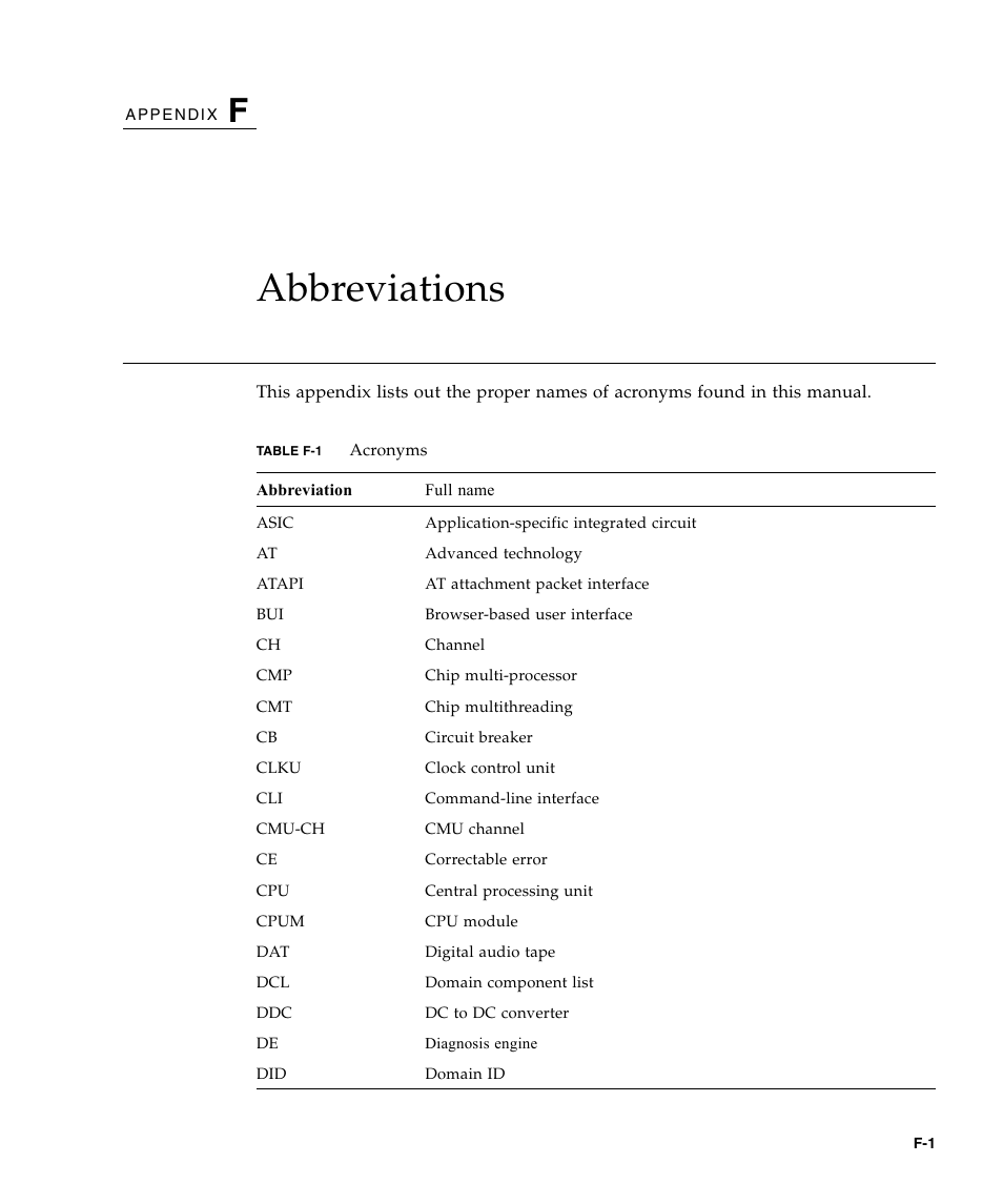 Abbreviations, F. abbreviations | FUJITSU SPARC ENTERPRISE M5000 User Manual | Page 301 / 308