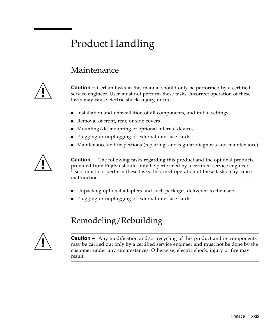 Product handling, Maintenance, Remodeling/rebuilding | FUJITSU SPARC ENTERPRISE M5000 User Manual | Page 31 / 308