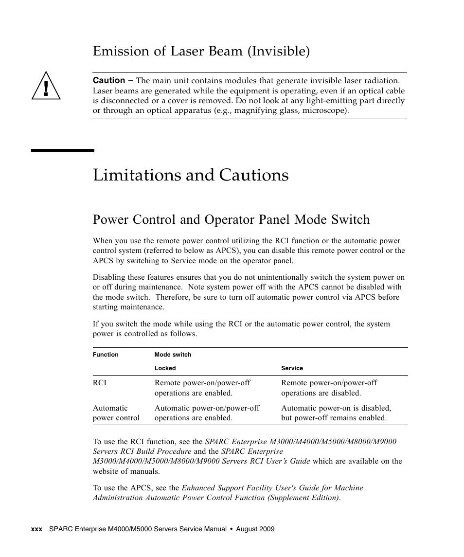 Limitations and cautions, Emission of laser beam (invisible), Power control and operator panel mode switch | FUJITSU SPARC ENTERPRISE M5000 User Manual | Page 32 / 308