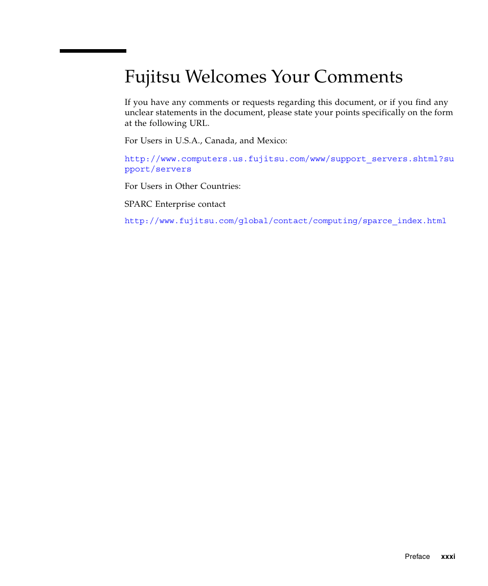 Fujitsu welcomes your comments | FUJITSU SPARC ENTERPRISE M5000 User Manual | Page 33 / 308