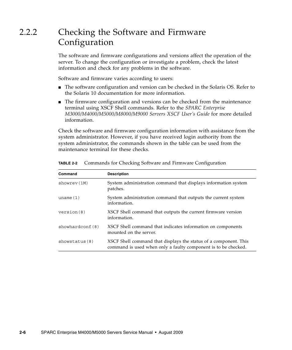 2 checking the software and firmware configuration, Checking the software and firmware configuration | FUJITSU SPARC ENTERPRISE M5000 User Manual | Page 44 / 308