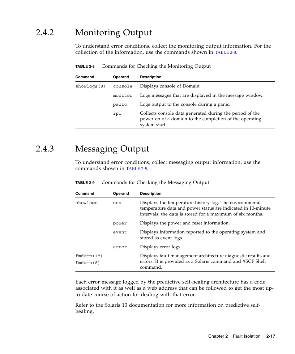 2 monitoring output, 3 messaging output, Monitoring output | Messaging output | FUJITSU SPARC ENTERPRISE M5000 User Manual | Page 55 / 308