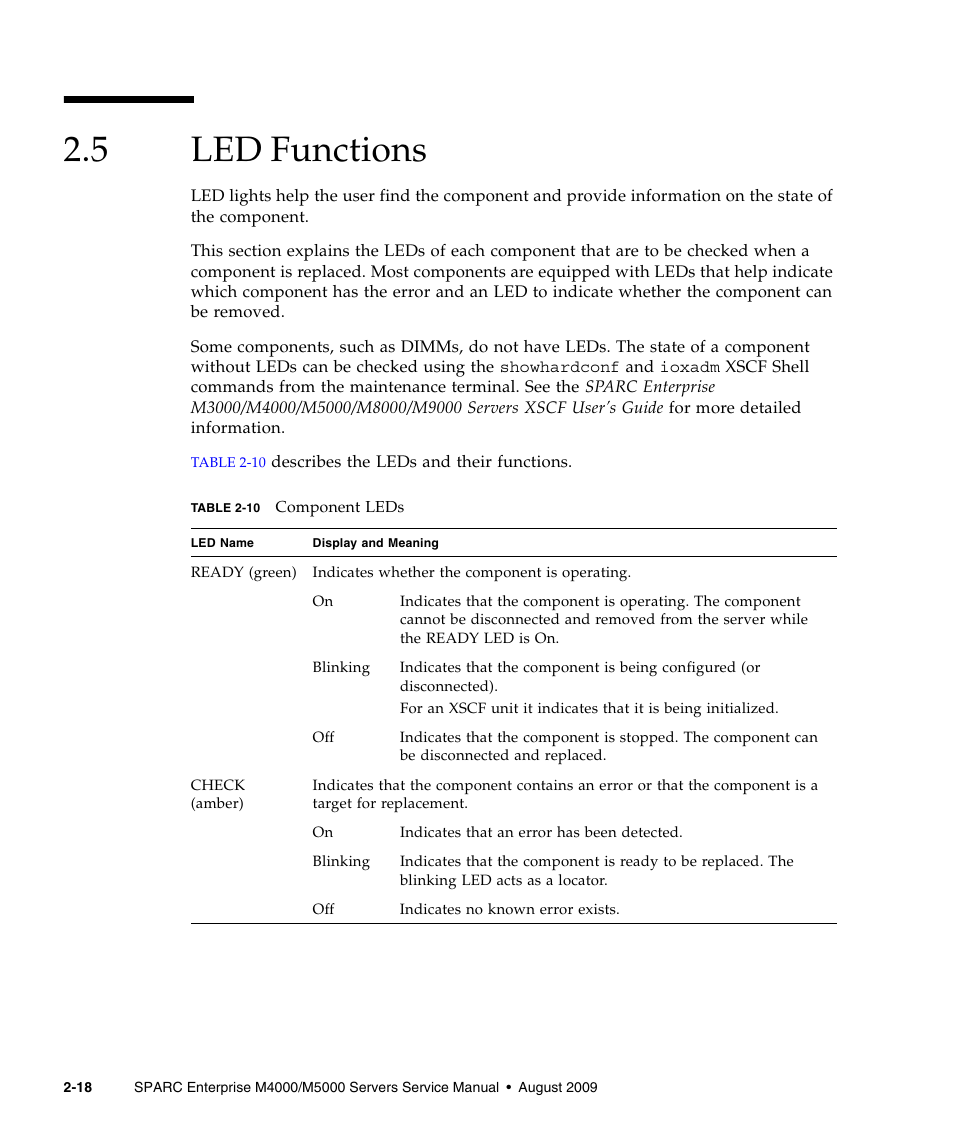 5 led functions, Led functions | FUJITSU SPARC ENTERPRISE M5000 User Manual | Page 56 / 308