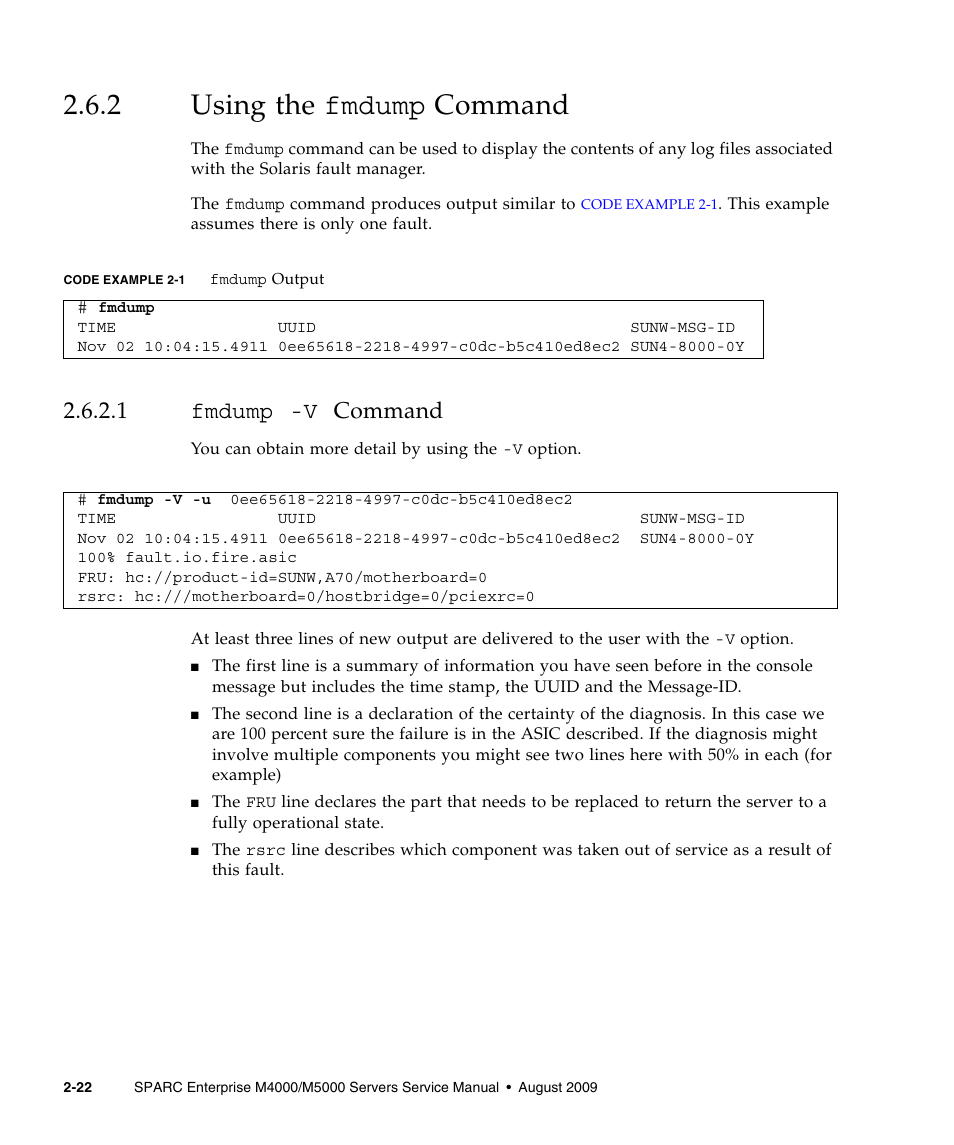 2 using the fmdump command, 1 fmdump -v command, Using the fmdump | FUJITSU SPARC ENTERPRISE M5000 User Manual | Page 60 / 308