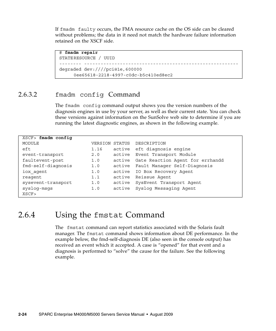 2 fmadm config command, 4 using the fmstat command, Using the fmstat | FUJITSU SPARC ENTERPRISE M5000 User Manual | Page 62 / 308