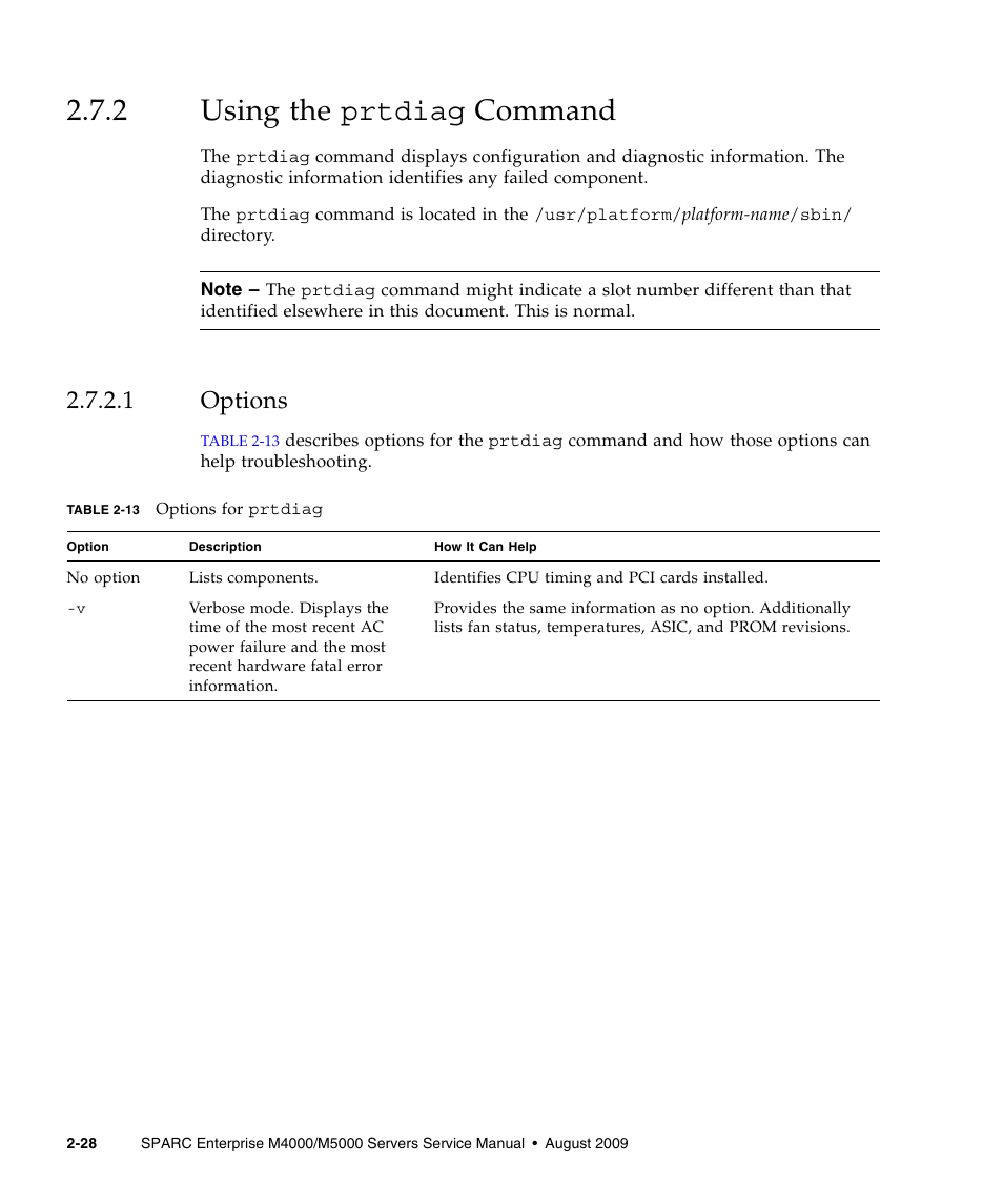2 using the prtdiag command, 1 options, Using the prtdiag | Options | FUJITSU SPARC ENTERPRISE M5000 User Manual | Page 66 / 308