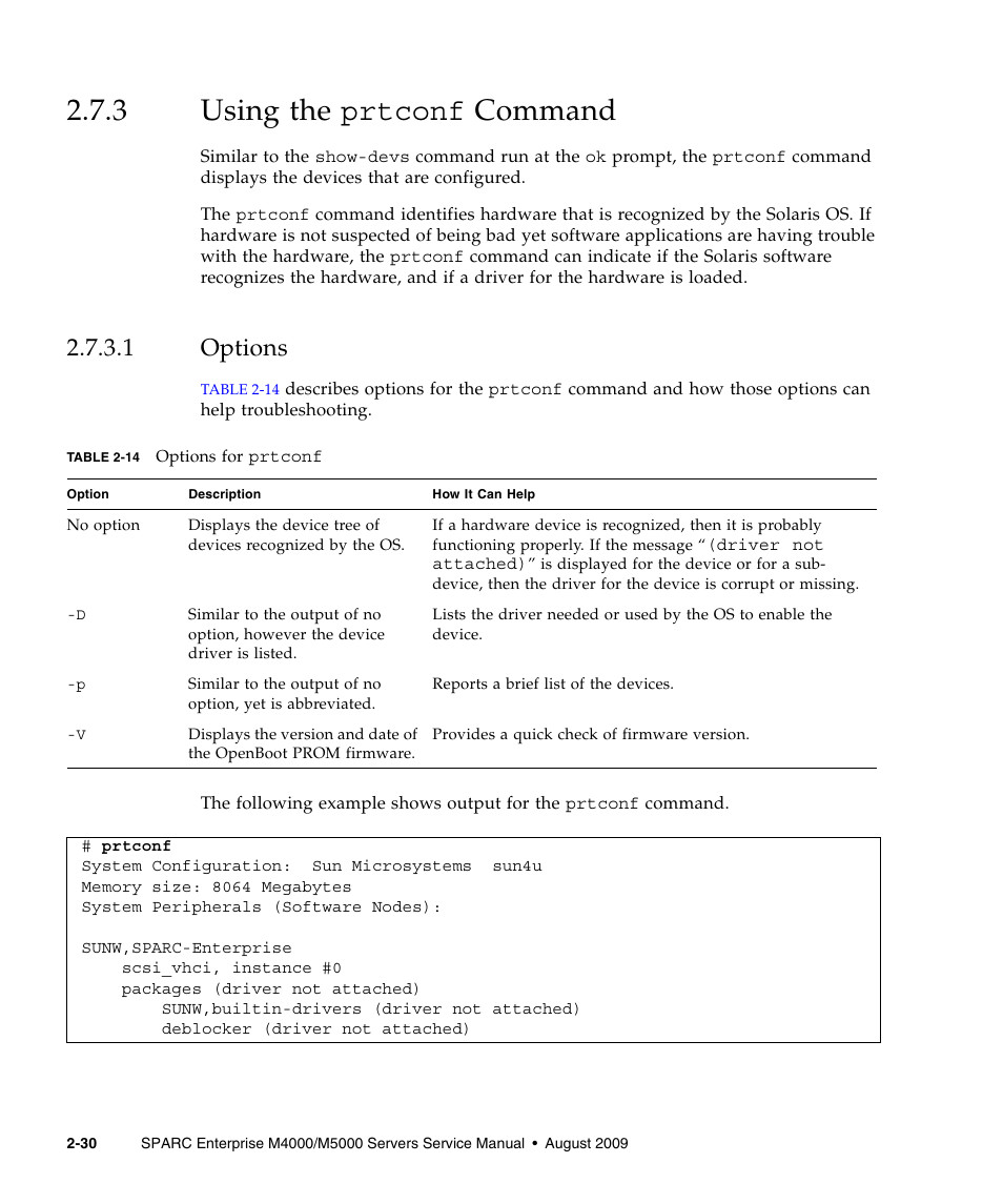 3 using the prtconf command, 1 options, Using the prtconf | Options | FUJITSU SPARC ENTERPRISE M5000 User Manual | Page 68 / 308