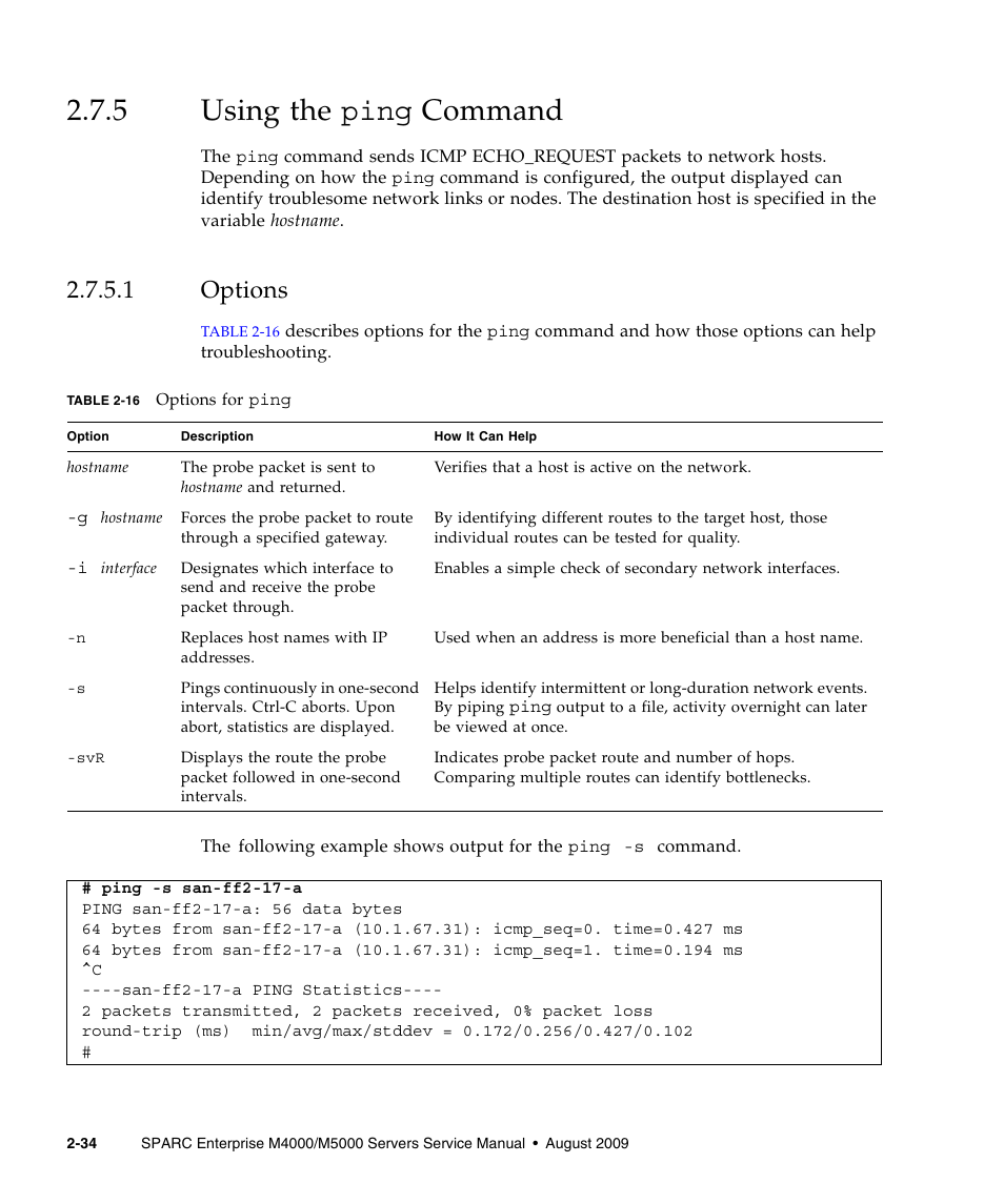 5 using the ping command, 1 options, Using the ping | Options | FUJITSU SPARC ENTERPRISE M5000 User Manual | Page 72 / 308