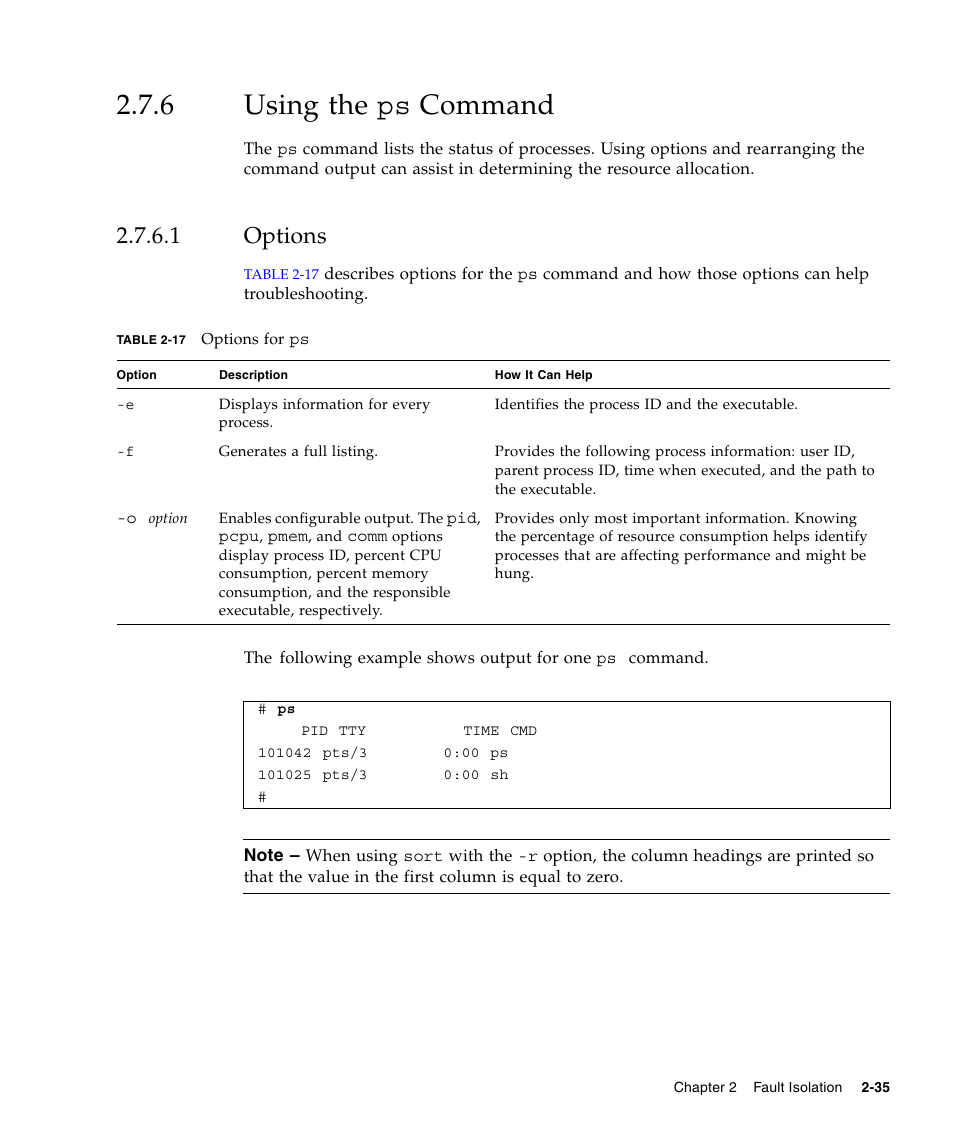 6 using the ps command, 1 options, Using the ps | Options | FUJITSU SPARC ENTERPRISE M5000 User Manual | Page 73 / 308