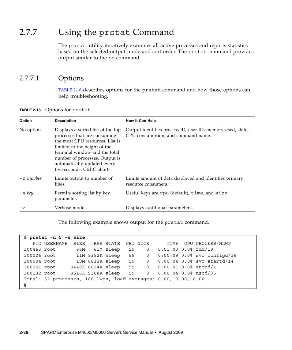 7 using the prstat command, 1 options, Using the prstat | Options | FUJITSU SPARC ENTERPRISE M5000 User Manual | Page 74 / 308