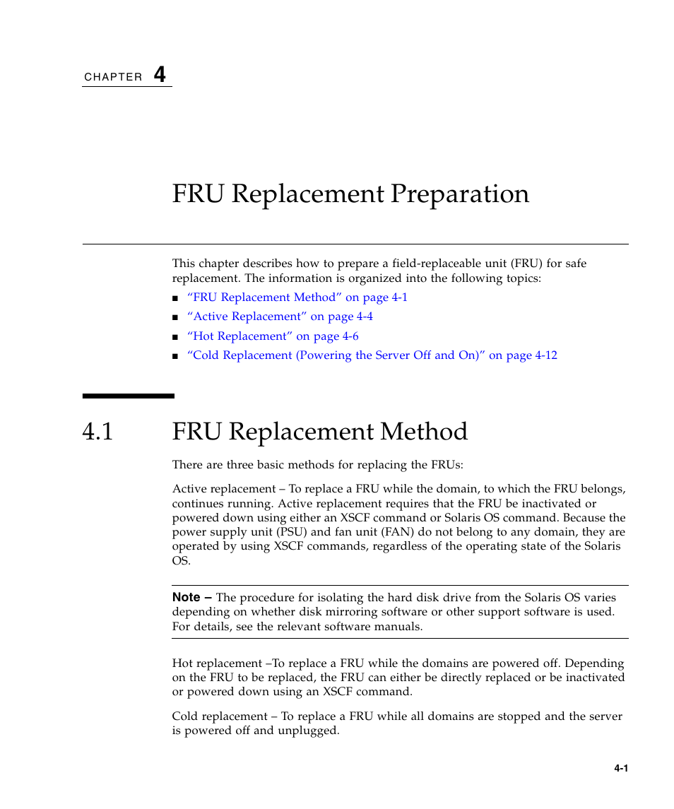 Fru replacement preparation, 1 fru replacement method, Fru replacement method | FUJITSU SPARC ENTERPRISE M5000 User Manual | Page 79 / 308