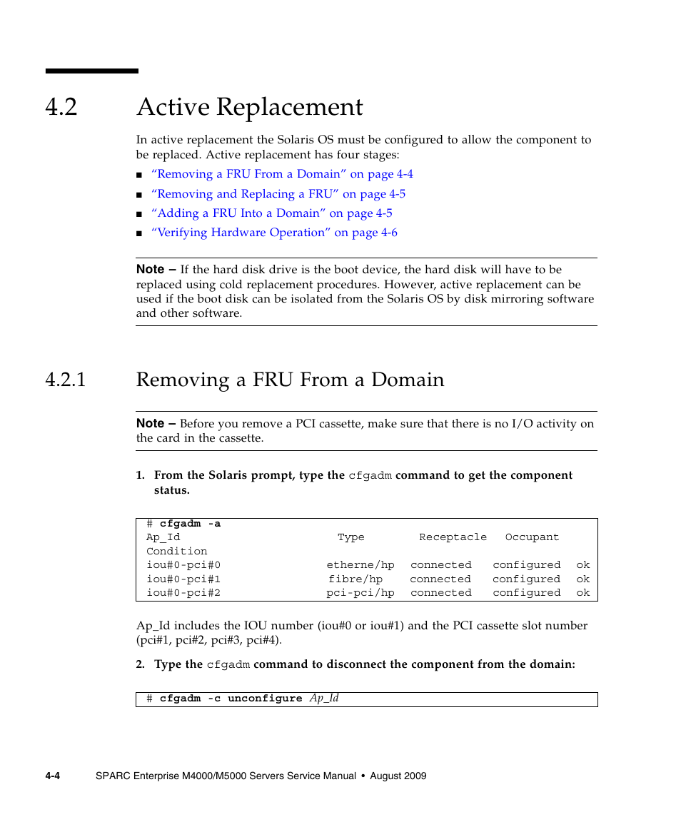 2 active replacement, 1 removing a fru from a domain, Active replacement | Removing a fru from a domain | FUJITSU SPARC ENTERPRISE M5000 User Manual | Page 82 / 308